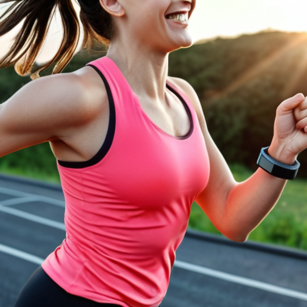 **A person happily running, looking at a fitness tracker showing a 2kg weight loss goal achieved. Bright, motivational style. Emphasize goal setting and achievement.**