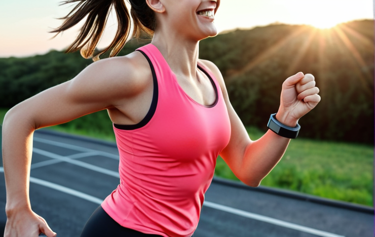 **A person happily running, looking at a fitness tracker showing a 2kg weight loss goal achieved. Bright, motivational style. Emphasize goal setting and achievement.**