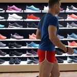 **

A runner carefully choosing running shoes in a store, with a focus on foot scan technology and cushioning. The setting is a well-lit athletic shoe store with various shoe models displayed.

**