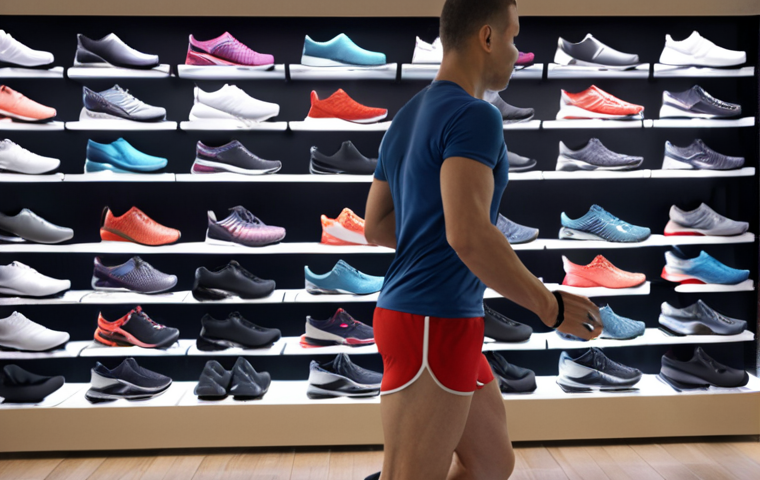 **
A runner carefully choosing running shoes in a store, with a focus on foot scan technology and cushioning. The setting is a well-lit athletic shoe store with various shoe models displayed.
**