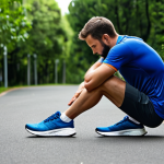 A male runner in a professional, modest running outfit, fully clothed, pausing thoughtfully on a modern, outdoor running path. He is looking down at his foot in a moment of contemplation, not pain, subtly reflecting on his run. Nearby, a pair of high-quality, cushioned running shoes are visible, hinting at the importance of proper gear. The background features blurred greenery and a clear sky, suggesting a calm training environment. perfect anatomy, correct proportions, natural pose, well-formed hands, proper finger count, natural body proportions, professional photography, high quality, safe for work, appropriate content, professional.