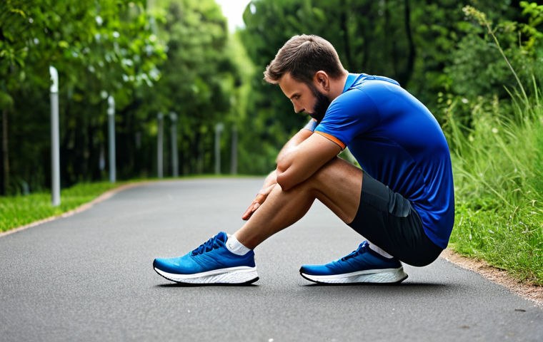 A male runner in a professional, modest running outfit, fully clothed, pausing thoughtfully on a modern, outdoor running path. He is looking down at his foot in a moment of contemplation, not pain, subtly reflecting on his run. Nearby, a pair of high-quality, cushioned running shoes are visible, hinting at the importance of proper gear. The background features blurred greenery and a clear sky, suggesting a calm training environment. perfect anatomy, correct proportions, natural pose, well-formed hands, proper finger count, natural body proportions, professional photography, high quality, safe for work, appropriate content, professional.
