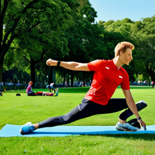 Home 9 Pre-Race Warm-up**
A fully clothed athlete performing dynamic stretching before a race in a park. The athlete is wearing appropriate running attire. Background shows other runners and greenery. Perfect anatomy, correct proportions, natural pose. safe for work, appropriate content, fully clothed, professional. High quality, bright daylight.
**