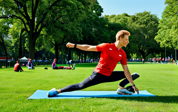 Pre-Race Warm-up**
A fully clothed athlete performing dynamic stretching before a race in a park. The athlete is wearing appropriate running attire. Background shows other runners and greenery. Perfect anatomy, correct proportions, natural pose. safe for work, appropriate content, fully clothed, professional. High quality, bright daylight.
**