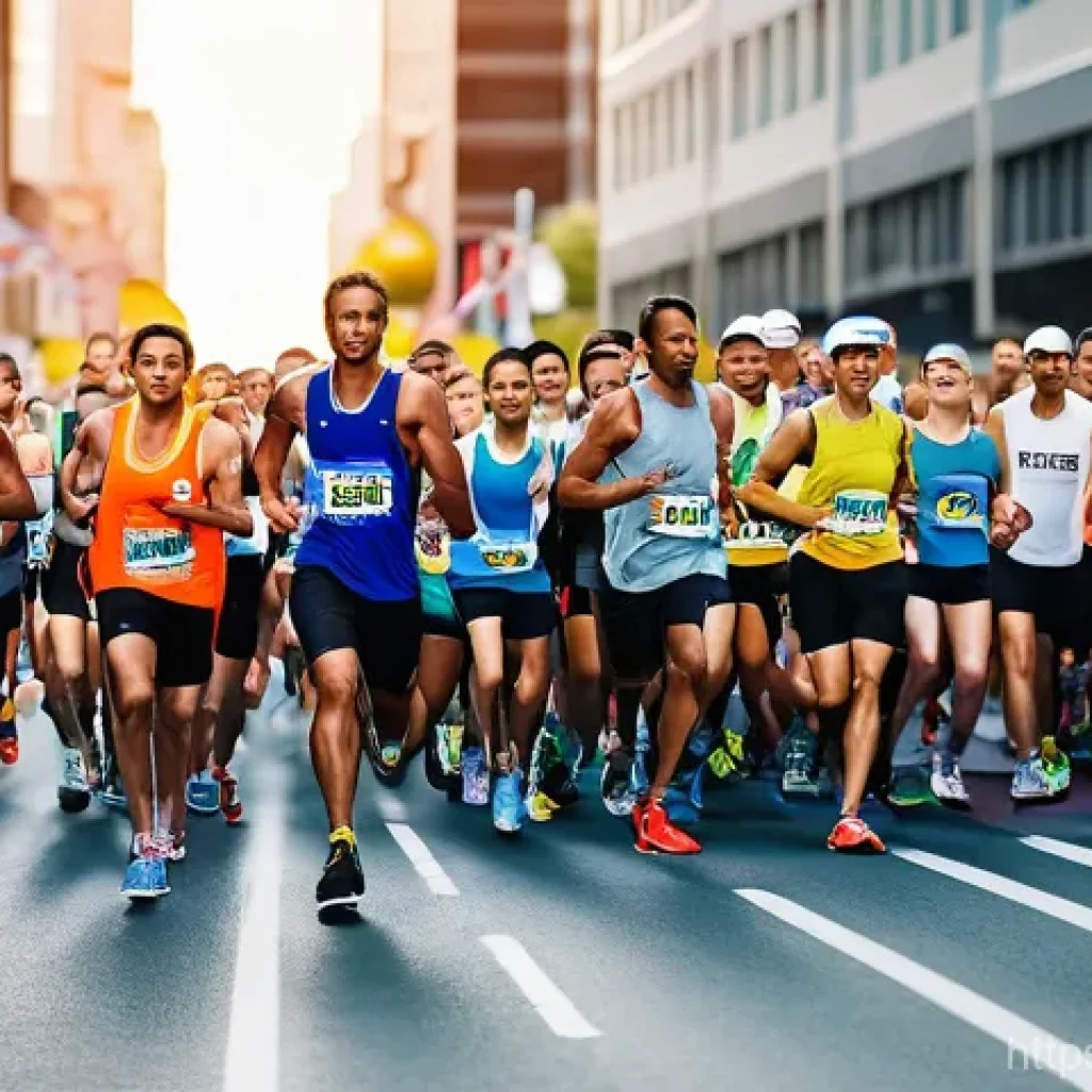러닝 대회 참가 인원 비교 - **Image Prompt 1: Grand Urban Marathon**
    A vibrant, wide-angle shot of thousands of diverse runn...