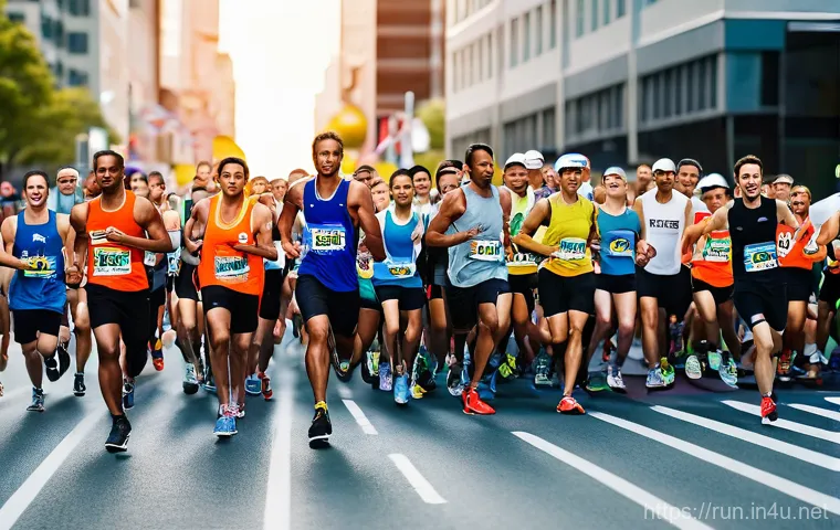 러닝 대회 참가 인원 비교 - **Image Prompt 1: Grand Urban Marathon**
    A vibrant, wide-angle shot of thousands of diverse runn...