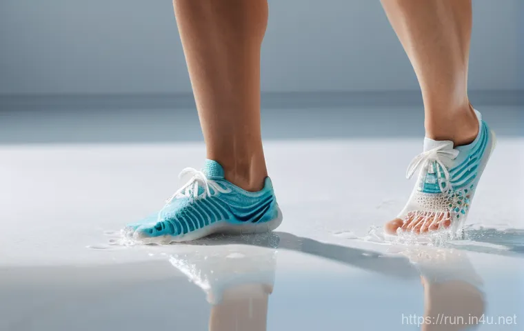 러닝 중 발걸음 유형 진단법 - **Prompt 1: Self-Diagnosis of Foot Type with Wet Foot Test and Shoe Wear Patterns**
    "A bright, c...