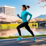 Home 13 러닝 코스 해외 추천 장소 - A vibrant, dynamic shot of a young woman, early 30s, with a fit physique, running along the Naka Riv...