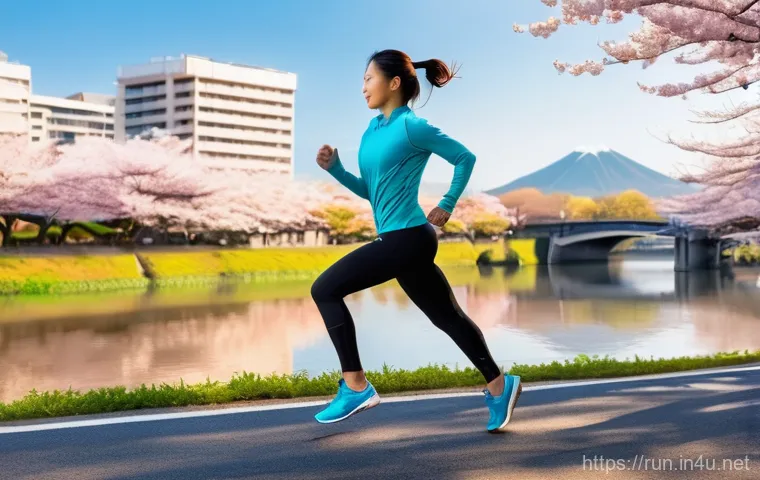 러닝 코스  해외 추천 장소 - A vibrant, dynamic shot of a young woman, early 30s, with a fit physique, running along the Naka Riv...