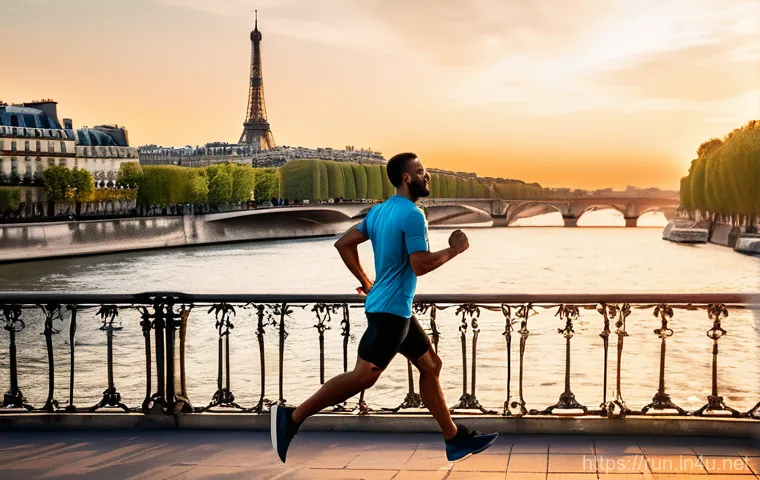 러닝 코스  해외 추천 장소 - A vibrant, dynamic shot of a young woman, early 30s, with a fit physique, running along the Naka Riv...