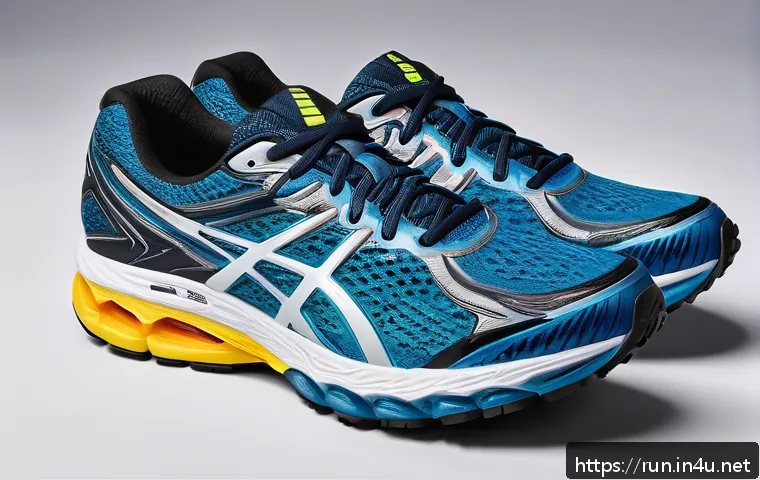 러닝 필수 장비 리스트 - A detailed close-up of a high-performance running shoe showcasing its layered structure: cushioned m...