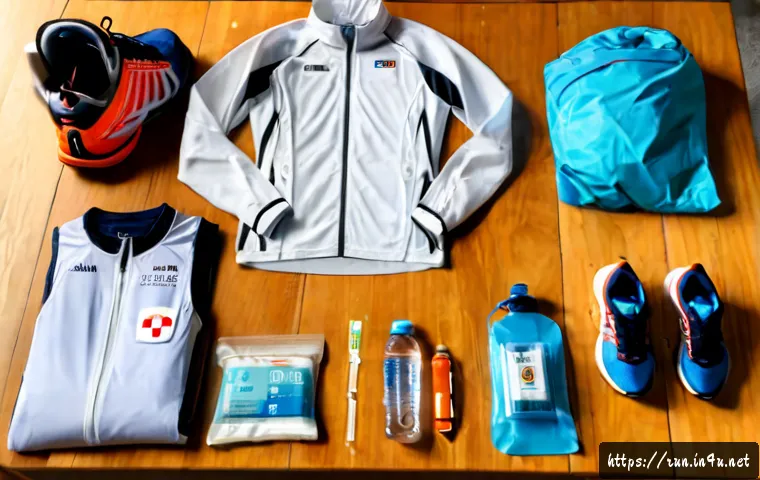 러닝 대회 준비 체크리스트 - Photorealistic overhead flat lay of race preparation essentials neatly arranged on a clean wooden ta...