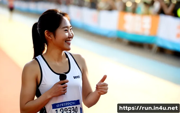Home 17 러닝 대회 참가자 인터뷰 사례 - Photorealistic post-race interview scene at a city running event, smiling adult female runner in mod...