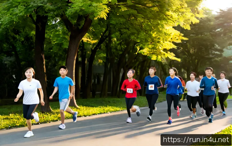 Home 17 러닝 그룹 추천 지역별 모임 - Photorealistic wide-angle scene of a welcoming neighborhood running group gathering at sunrise in a ...